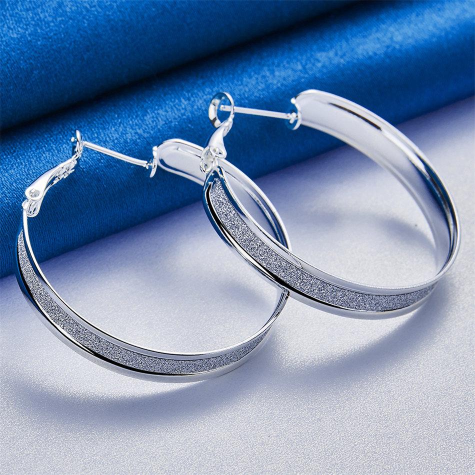 1 Pair of 925 Sterling Silver 37mm Large Round Frosted Hoop Earrings for Women Gift Fashion Jewelry Accessories Party