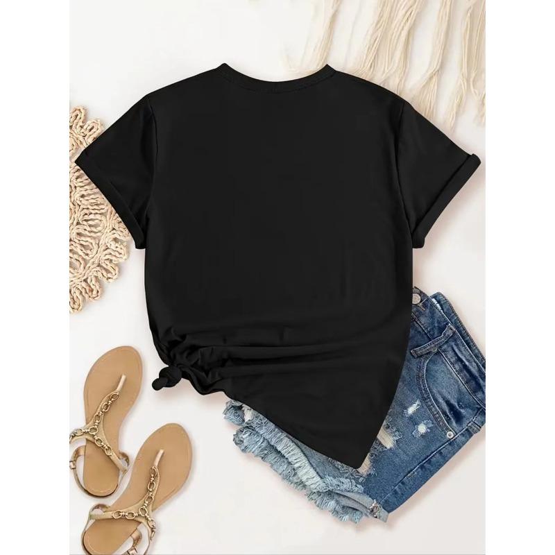 European sizes Women's Casual Sports T-Shirt, Round Neck, Short Sleeve, Fun Creative Letter Print, Comfortable Summer Top, Knitted Fabric