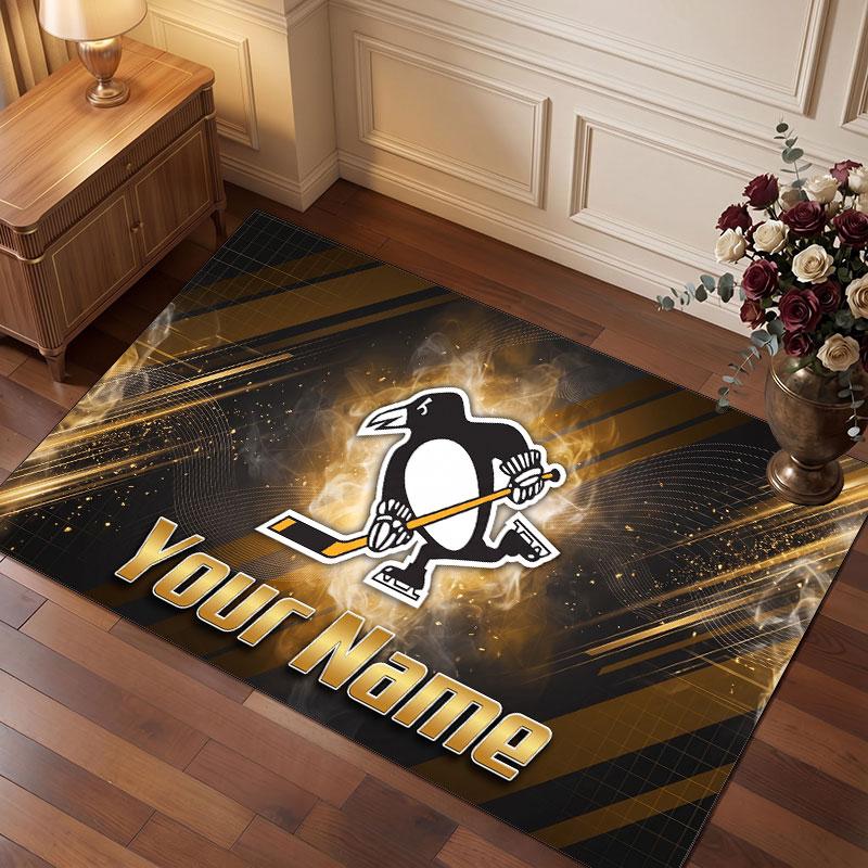 Pittsburgh Penguins Personalized Crystal Velvet Carpet, Customized Name Text Soft Anti‑Slip Rug for Living Room Bedroom