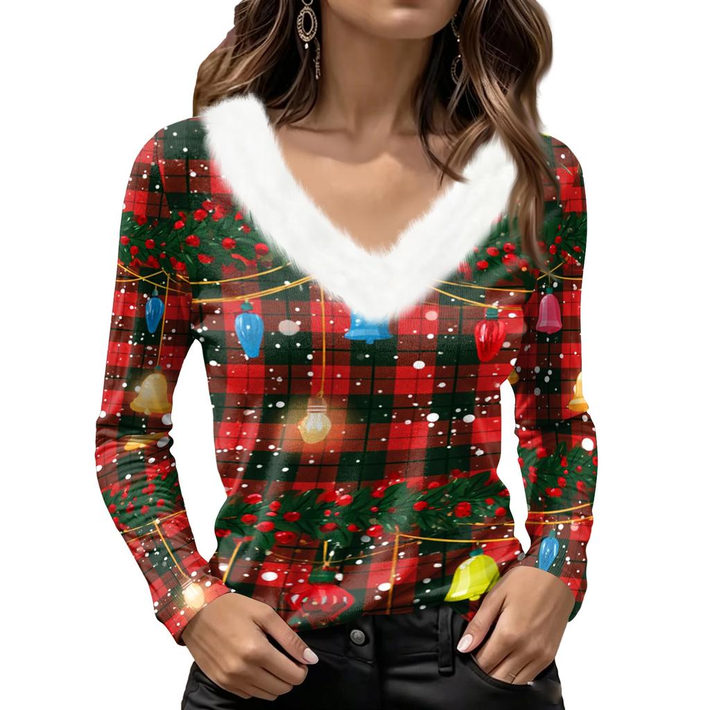 Damen Langarm V-Ausschnitt Weihnachts-Oberteil mit Kragen, Schneeflocken und Weihnachtsbaum-Print