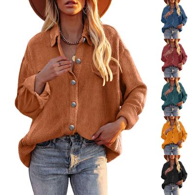Women's Casual Corduroy Solid Color Shirt Lapel Single Breasting Loose Coat