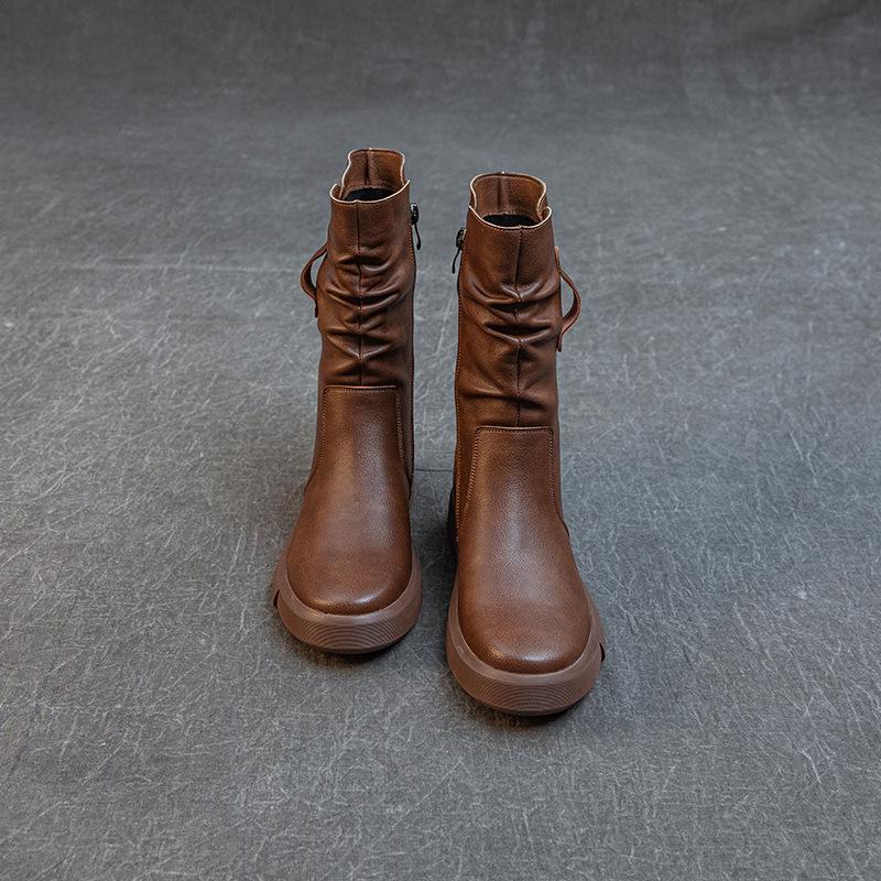 Stylish Women's Genuine Leather Mid-Calf Martin Boots - Versatile, Warm & Thick Soled for Autumn/Winter