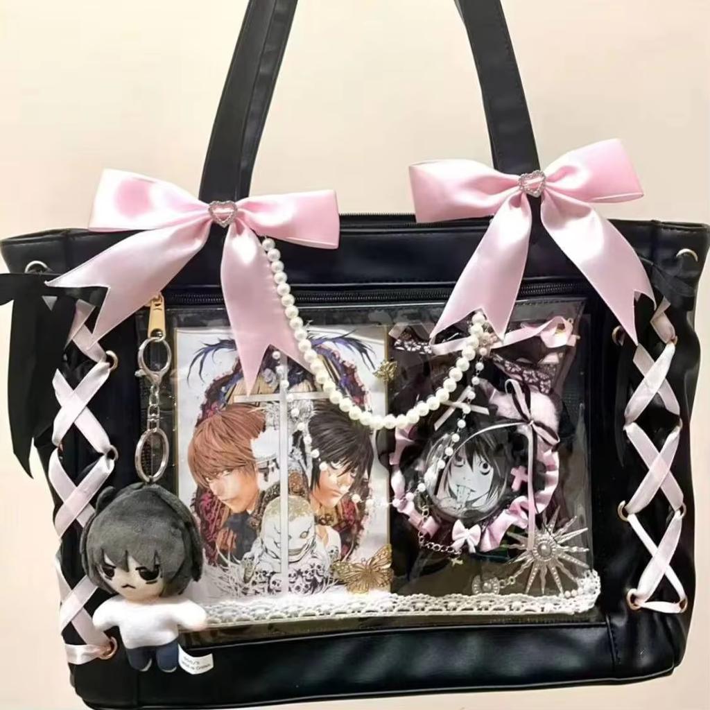 Japanese Sweet Women Ribbon Ita Bag Fashion Large Capacity Tote Bag Aesthetic Shoulder Bag Cute Lolita Girl Transparent Handbags