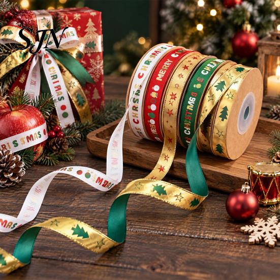 Decorative Crafting Ribbon for Flowers Christmas Gold Foil Ribbon, Merry Fabric Shiny Printed Apple Wrapping Holiday Gift Packing, Xmas Party