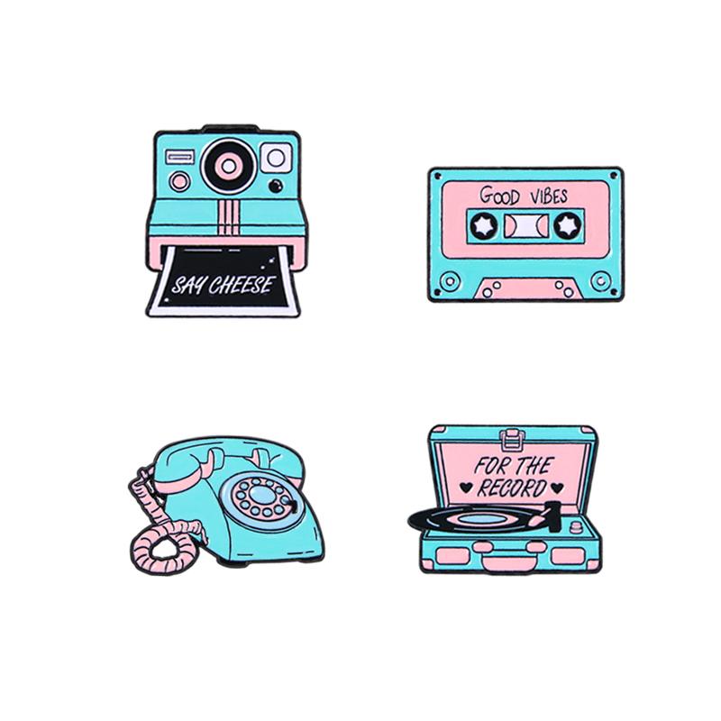 New 90s Vintage Series Enamel Brooches Retro Camera Tape Phonograph Record Telephone Shaped Lapel Pins