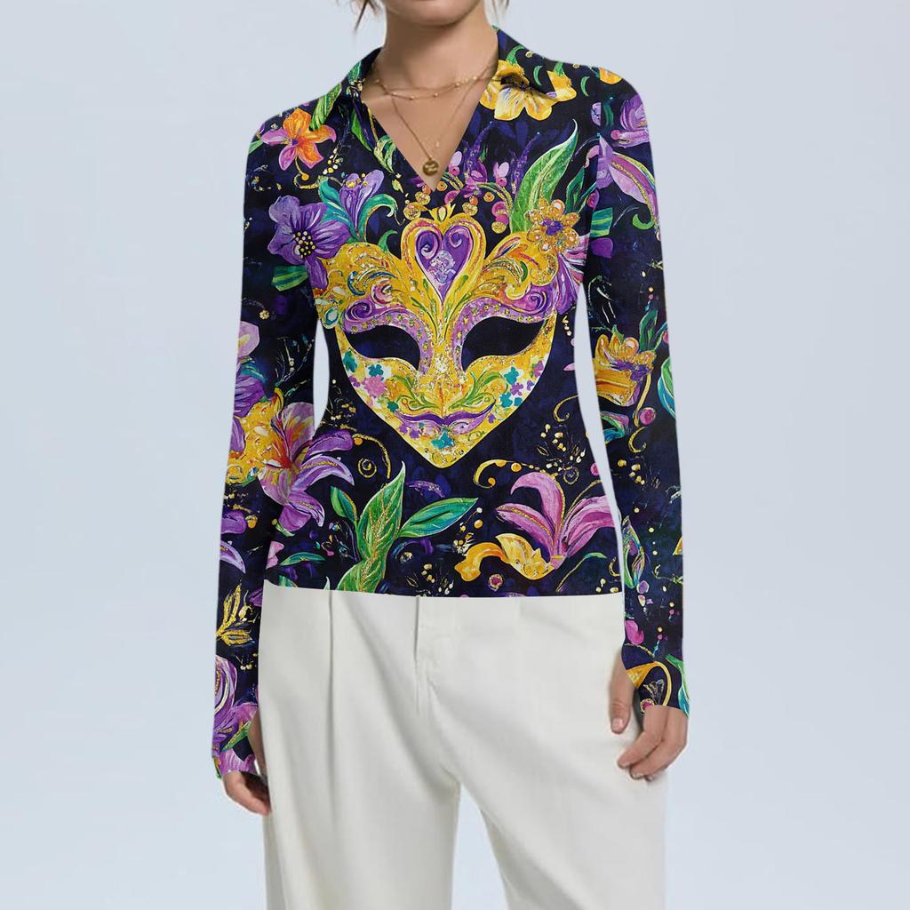 Women's Fashion Casual Print V-Neck Long Sleeve Button-Down Top