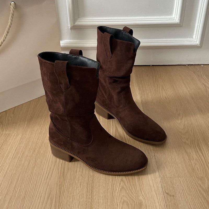 

Low-heeled stack boots, mid-leg boots, women s fall 2025 new Maillard Western denim booties, Martin boots 40 темно-коричневого