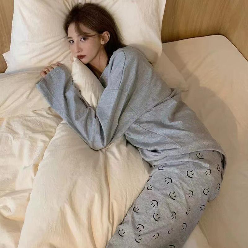 New Korean Version of The Smiley Pajamas Female Spring and Fall Long-Sleeved Women Nightwear Sports Style Sleepwear Loungewear