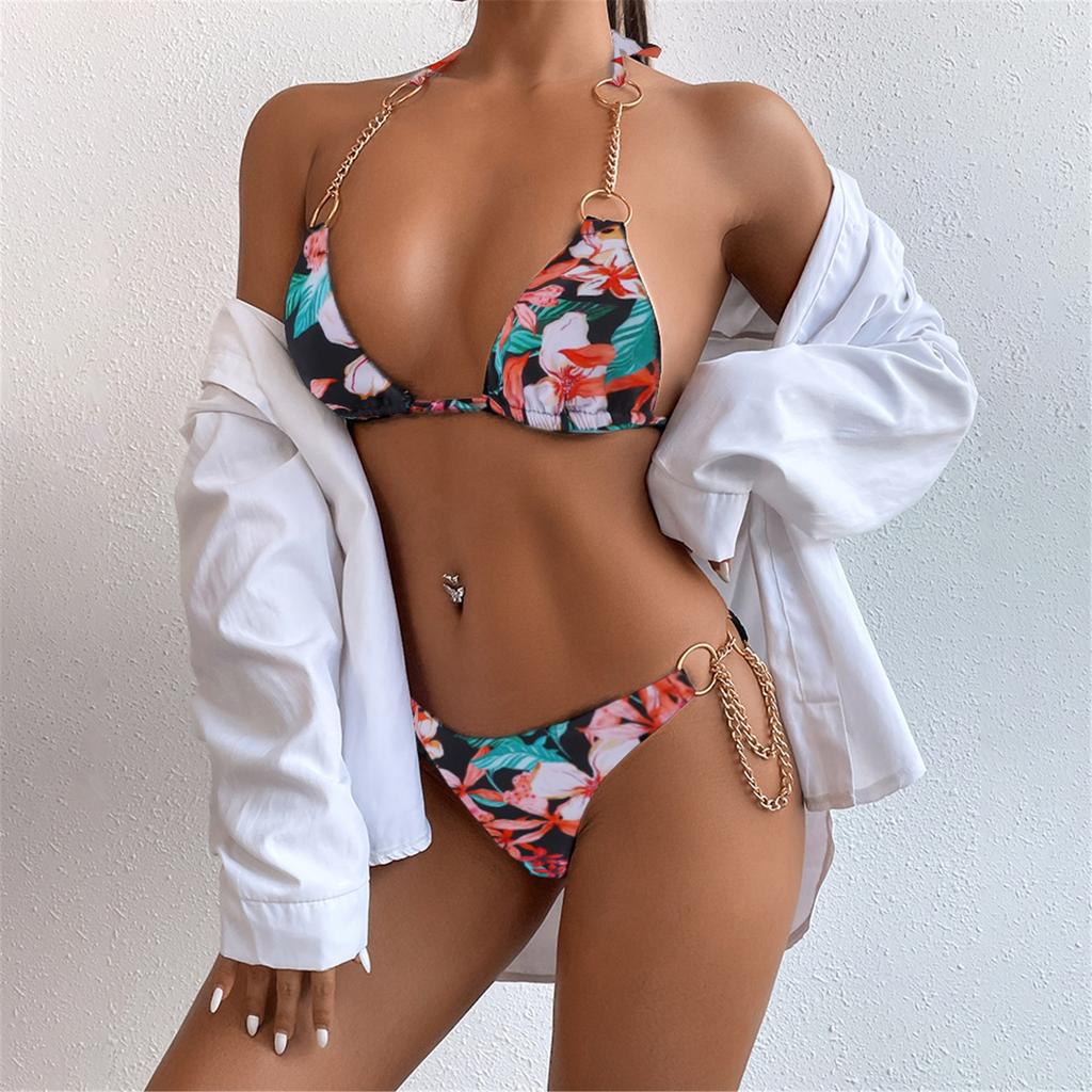 Women's Split Metal Chain Embellished Sexy Swimsuit Solid/ Printed Bikini