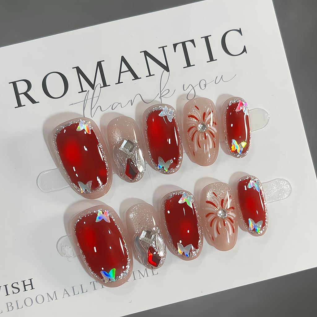 Press on Nails Artificial Acrylic Nails Glossy False Nails Full Cover Stick on Nails Square Fake Nails with Glitter Design Glue on Nails for Women