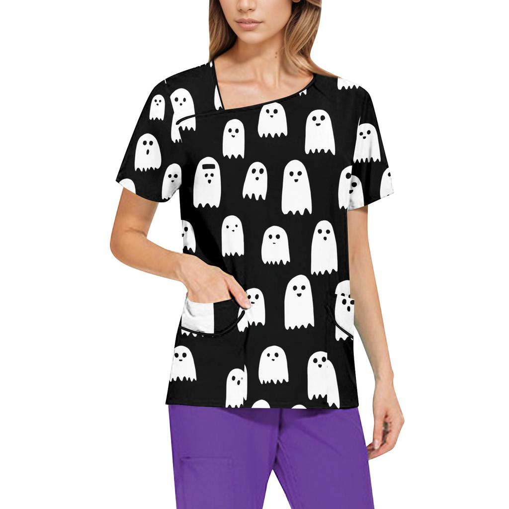 Dámské potištěné pracovní oblečení, šikmý límec a dvojité kapsy, základní top pulovr