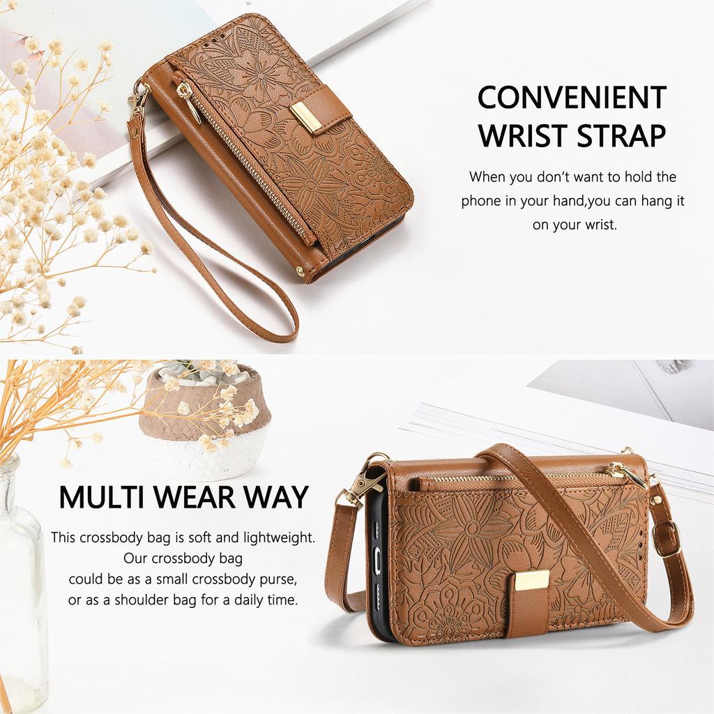 Floral Leather Wallet Case for Samsung Galaxy A05-A71 / S24-S25 series...with Detachable Shoulder Strap