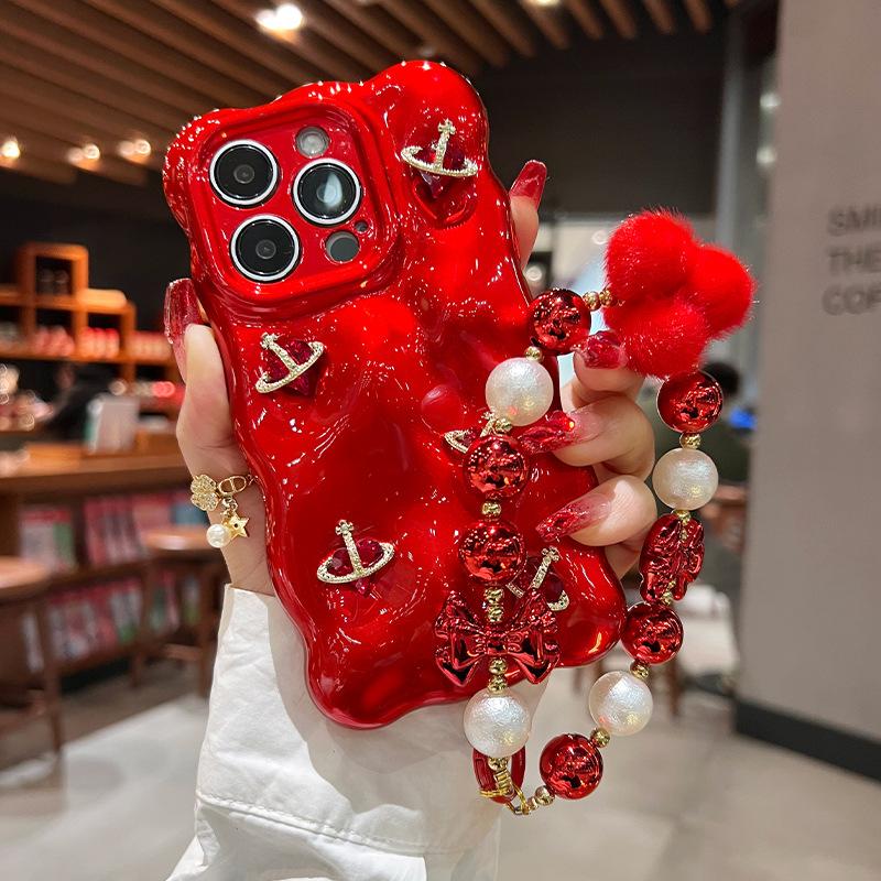 

New Year Red Suitable for Apple 16promax Mobile Phone Case New IPhone 15 Planetary Rhinestone 13 Silicone 14 Bracelet iPhone 13promax