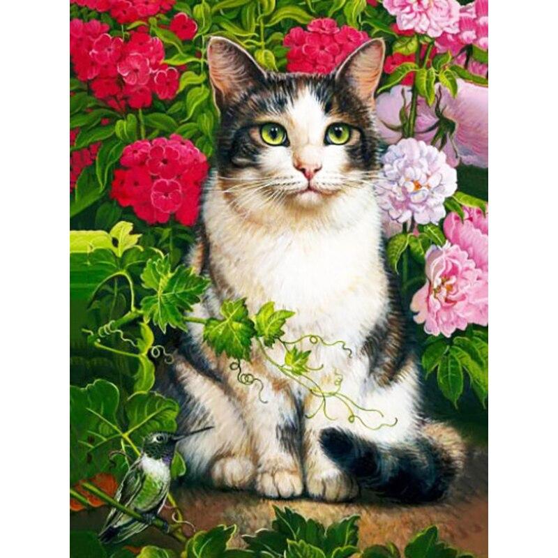 5D-Diamant-Malerei-Set zum Selbermachen, Katze in den Blumen, Diamant-Stickerei, Strass-Dekorationen für Zuhause