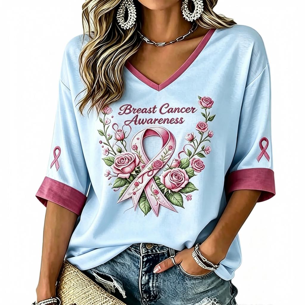 Women's V-neck anti-breast-cancer printed summer lightweight top