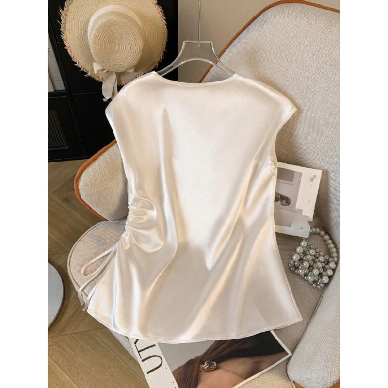 Leichtes Sommer-T-Shirt für Damen, V-Ausschnitt, Unifarben, Satin-Kurzarmhemd, Elegantes figurbetontes Oberteil