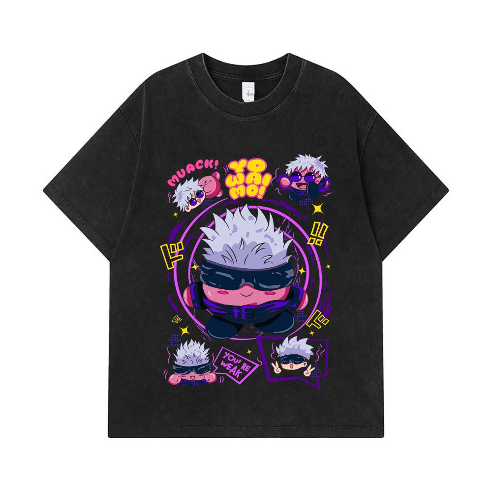 275 GSM Washed T-shirts 100% Cotton Jujutsu Kaisen V41 Kirby Gojo Print Unisex Heavy Cotton T Shirt