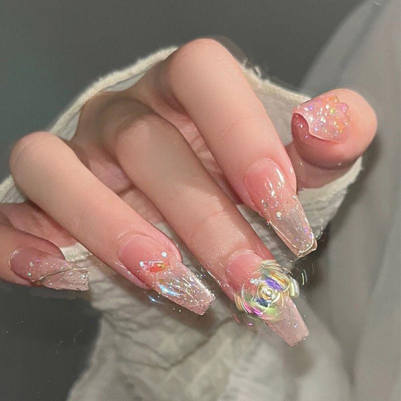 100% Handmade Long Trapezoid Fake Nails Art Aurora Rotating Butterfly Popular Nails Reusable Fake Nails