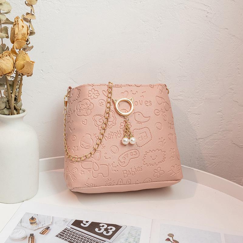 Ladies bag new fashion pearl printing messenger bucket bag fresh and sweet messenger bag