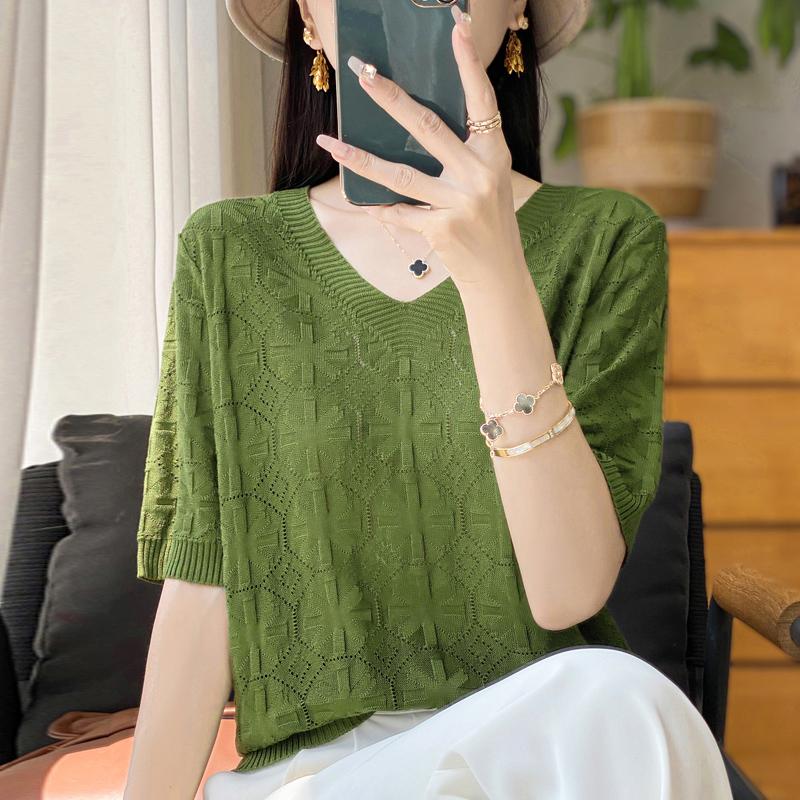 Women Knit T-shirt Summer Knitted Shirt Short Sleeve Tees V-neck Pullover Knit Tops Female