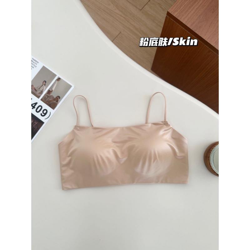 Women Light Luxury Satin Thin Strap Seamless Anti Exposure Bandeau Base Intimate Bra
