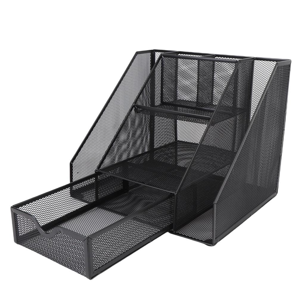 Metal Mesh Desktop Organizer Iron Vertical Storage Basket with Drawer Letter Box Pen Holder Office Supplies Black