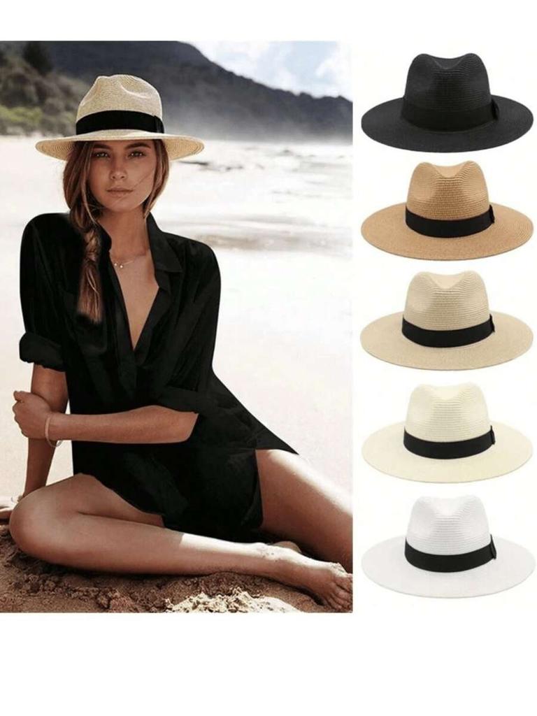 Unisex Panama Hat With Flat Top And Wide Brim Straw Sun Hat For Summer