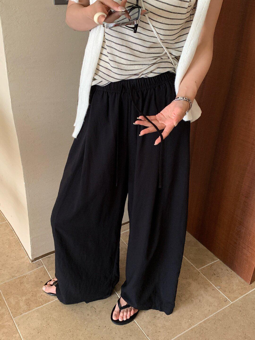 Women s Lemon Green Tea Relaxed Fit Elastic Waist Wide-Leg Pants - Slimming, Loose, Straight, Casual, Long (2026) L чёрный