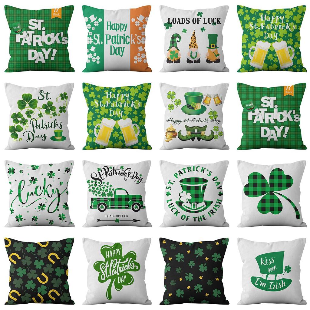Home Cushion Cover St. Patrick's Day Pillowcase Four-leaf Clover Plaid Sofa Cushion Cover