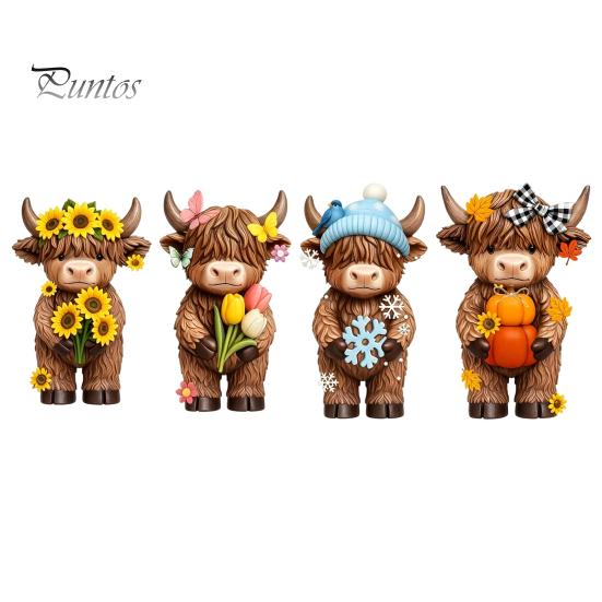 Charming Animal Figurine 4 Pcs Seasonal Highland Cow Figurines, Spring Summer Fall Winter Cute Desk Decor for Office Seasons Scottish Statue,