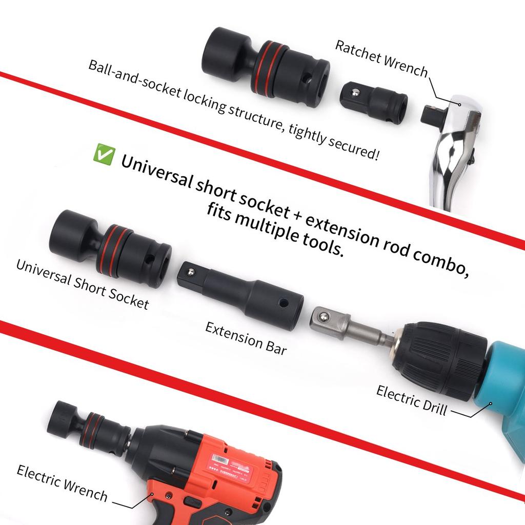 1/2inch Drive 10-24mm Universal Joint Hex Short Socket Electric Wrench Adapter 360°Swivel Impact Socket For Pneumatic Wrench