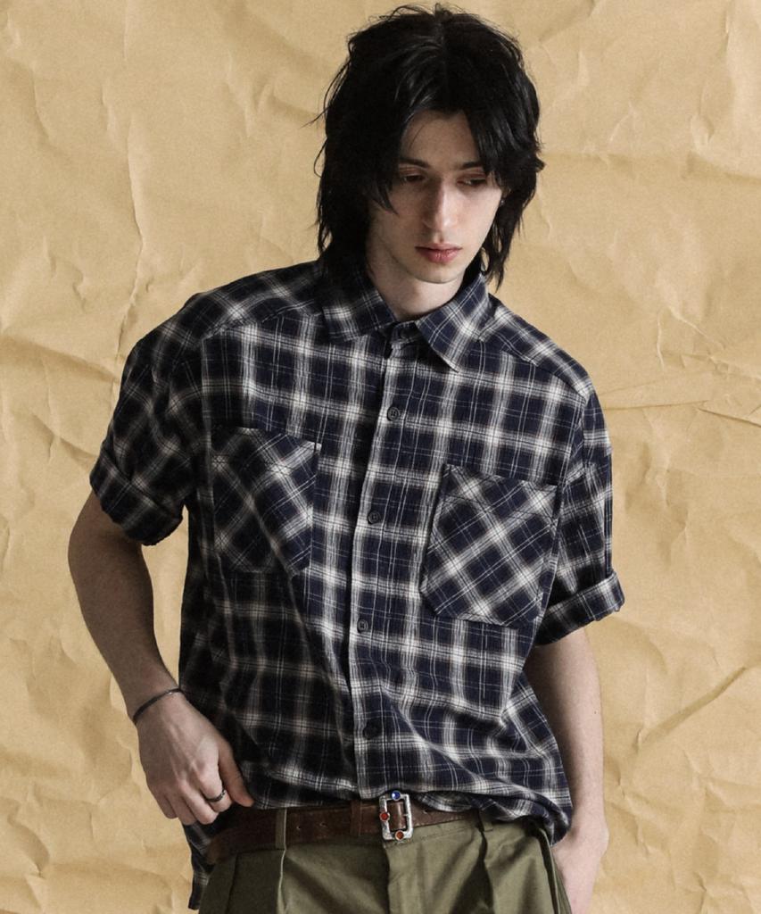 STAGE NAME Bridge Over Vintage Check Short Sleeve Shirt_Navy