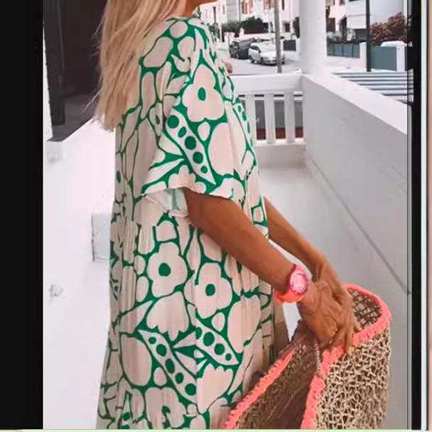 Wish Summer Printed Aline Dress With V Neck Short Sleeves For Street Style Women