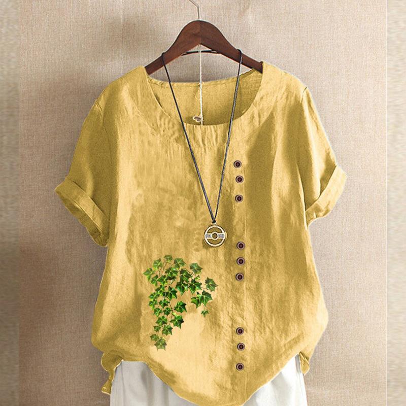 Women's Fashion Round Neck Short Sleeve T-shirt Casual Cotton Linen Graphic Shirt Leisure Loose Green Plants Prined Summer Blouse Tops