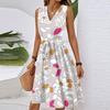 Women's Spring Summer Casual V Neck Sleeveless Waist Floral Print Midi Dress