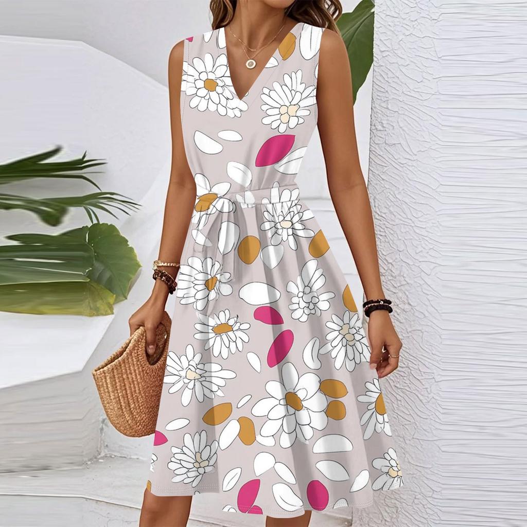 Women's Spring Summer Casual V Neck Sleeveless Waist Floral Print Midi Dress