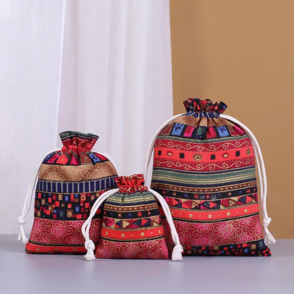Ethnic Retro Print Stripe Cotton Drawstring Jewelry Gift Bag