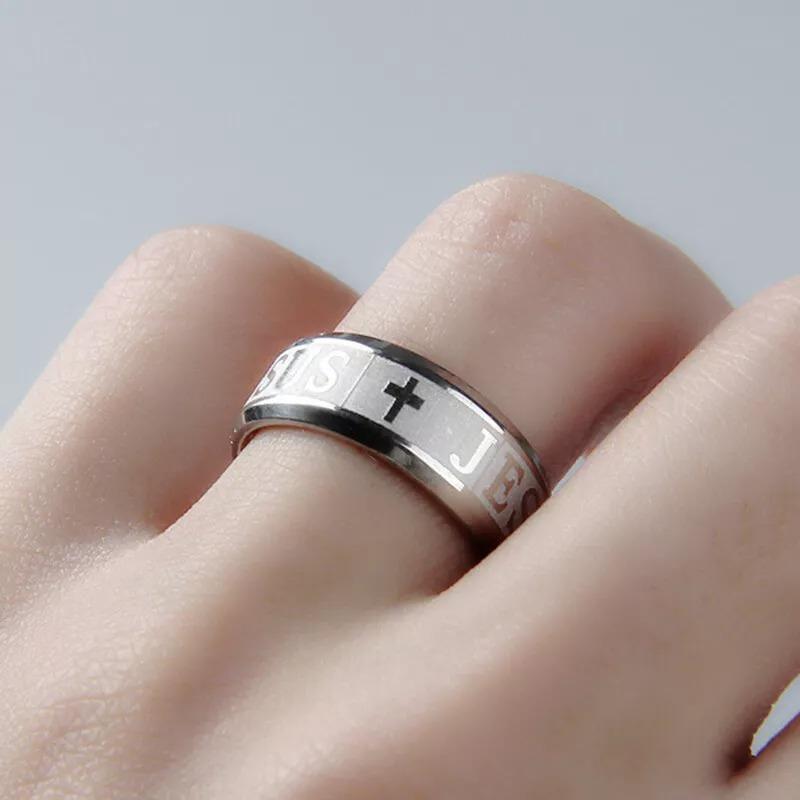 Anelli con Versetto Biblico Croce di Gesù in Acciaio Inossidabile alla Moda per Uomo Anello Religioso con Croce Cristiana Vintage Gioiello Amuleto