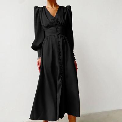 Women's European and American Long Skirt V-neck Cross-border Hot Sale Foreign Trade Satin Palace Waist Retro Dress