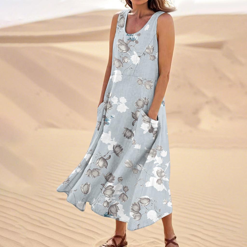 Women's Summer Casual Fashion Flower Printed Sleeveless  Pocket Dress