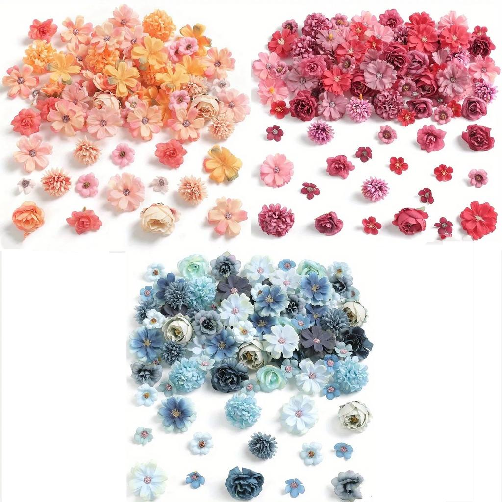 60Pcs Mix Artificial Flowers Head Silk Rose Fake Flowers for Home Room Decor Wedding Decoration Craft Gifts Wreath Accessories