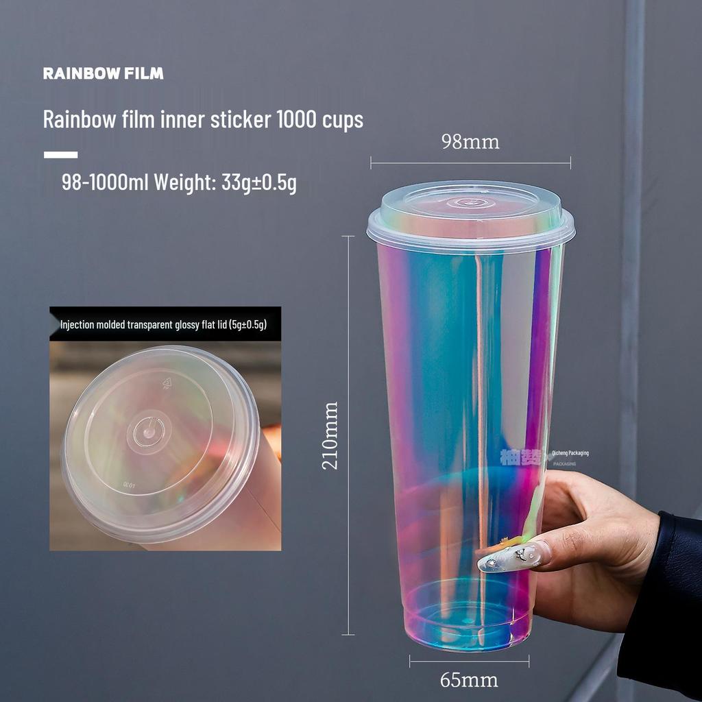 1L Disposable Rainbow Milk Tea Cup with Lid, 98mm Caliber, Colorful Laser Film Inner