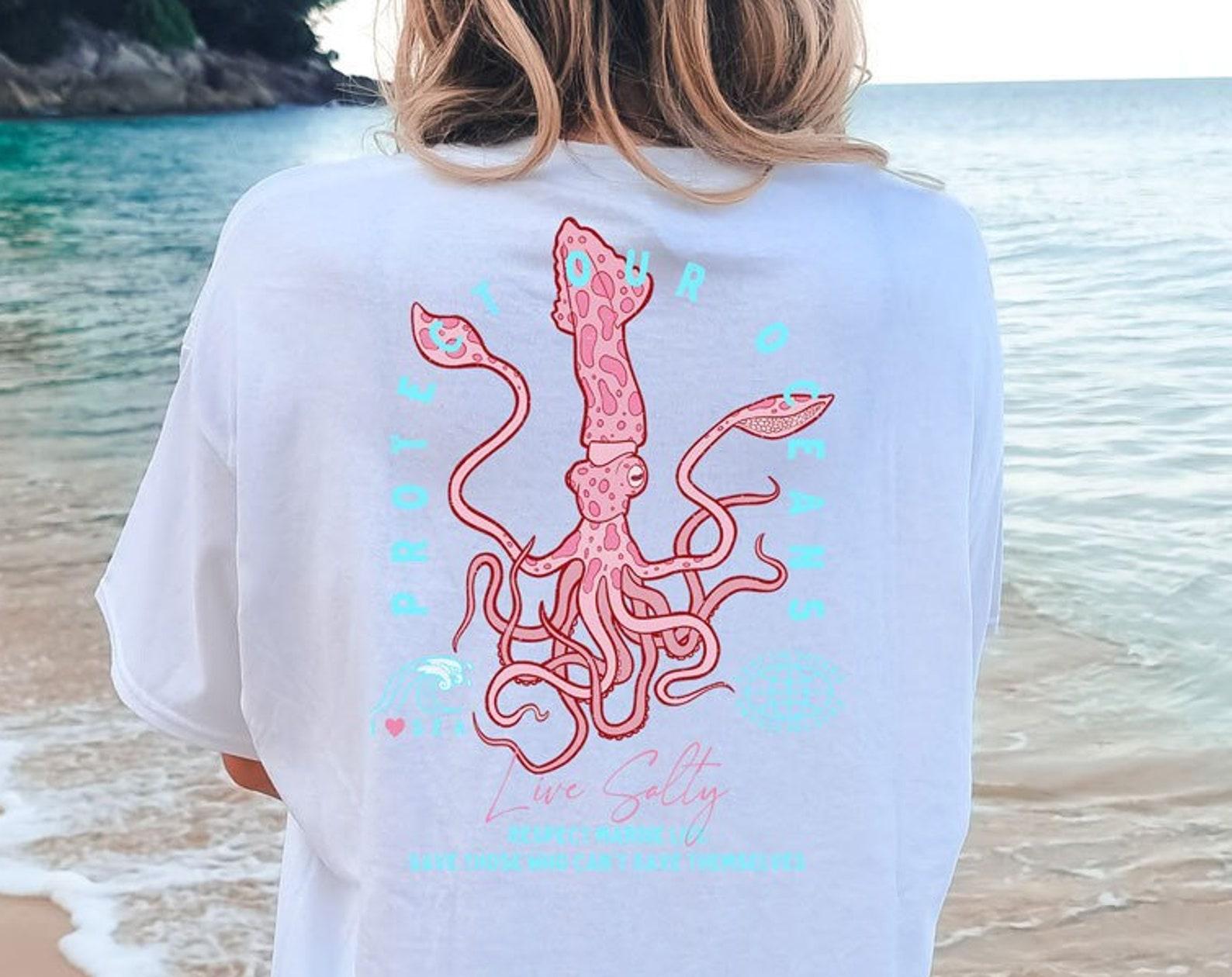 Salty Squid Graphic Tee, Beachy Ocean Life Shirt 4XL