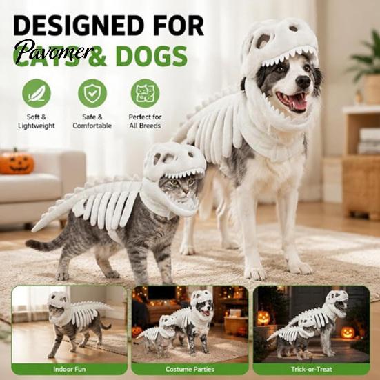 Costume Cosplay Animale Carino Costume Scheletro Dinosauro per Animali Domestici, Vestito di Halloween per Cani, Poliestere Morbido Divertente per Cani Gatti, Abbigliamento Trick or Treat Gatto