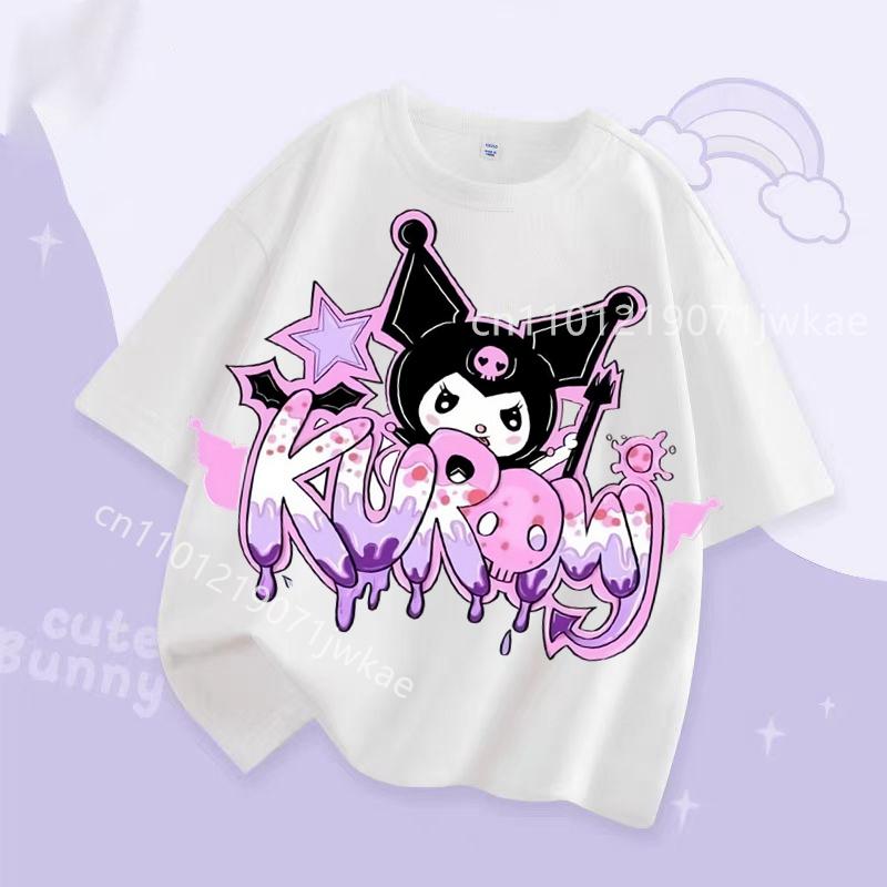 Kuromi Girl T Shirt Purple Cartoon Print Kids Tops Short Sleeve Tees Summer Breathable Cute Baby Casual Clothes Birthday Gifts