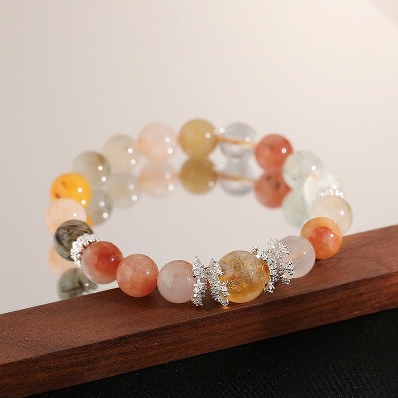 Natural stone red glue flower color hair crystal beaded bracelet light luxury high-end exquisite bracelet simple niche versatile jewelry