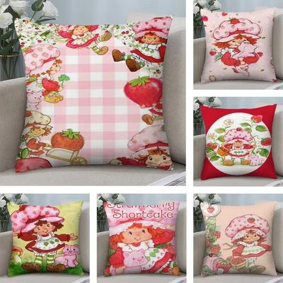 Kawaii S-Erdbeer-Shortcakes Kissenbezug Kurzer Plüsch Doppelseitiger Druck Quadratische Dekokissenbezüge Sofa Heimkissen Dekoration