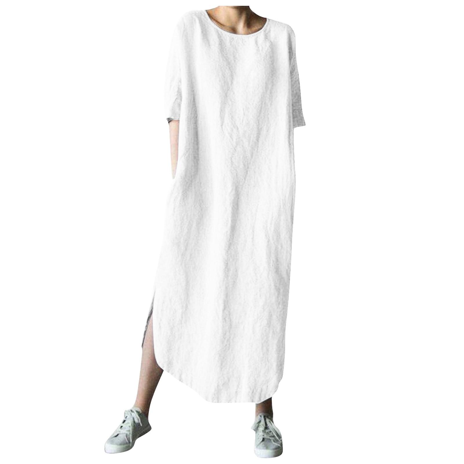 

Модное женское однотонное повседневное платье из хлопка и льна с длинным рукавом и круглым вырезом M белый