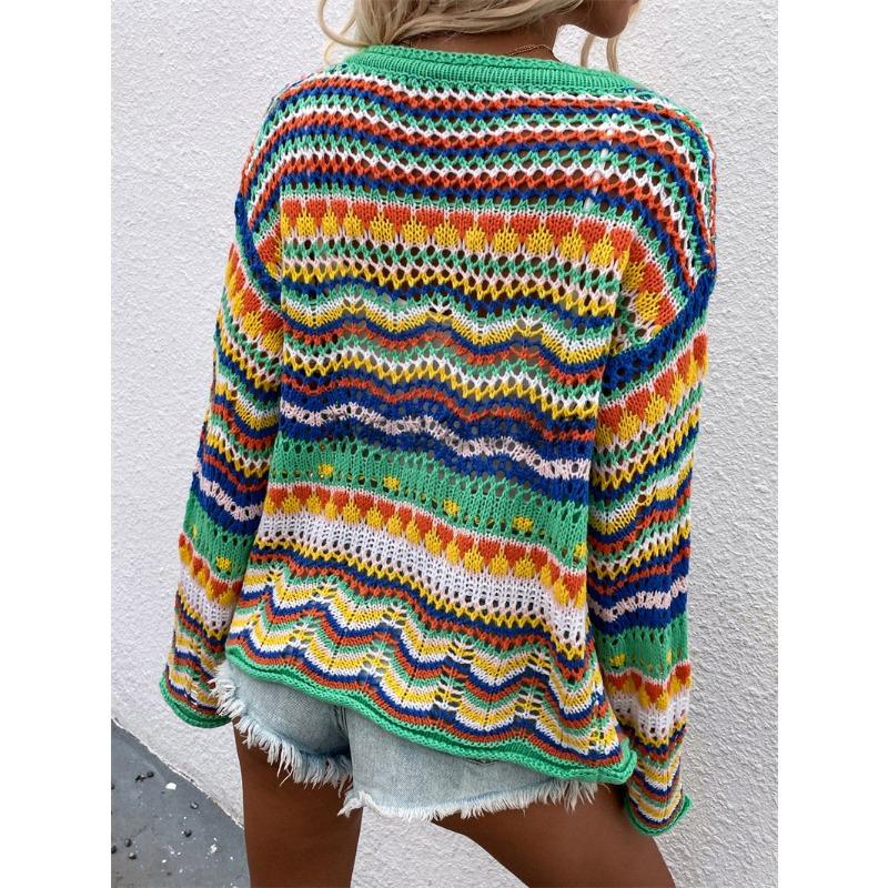 Damrandig tröja lös regnbågsstickad kofta