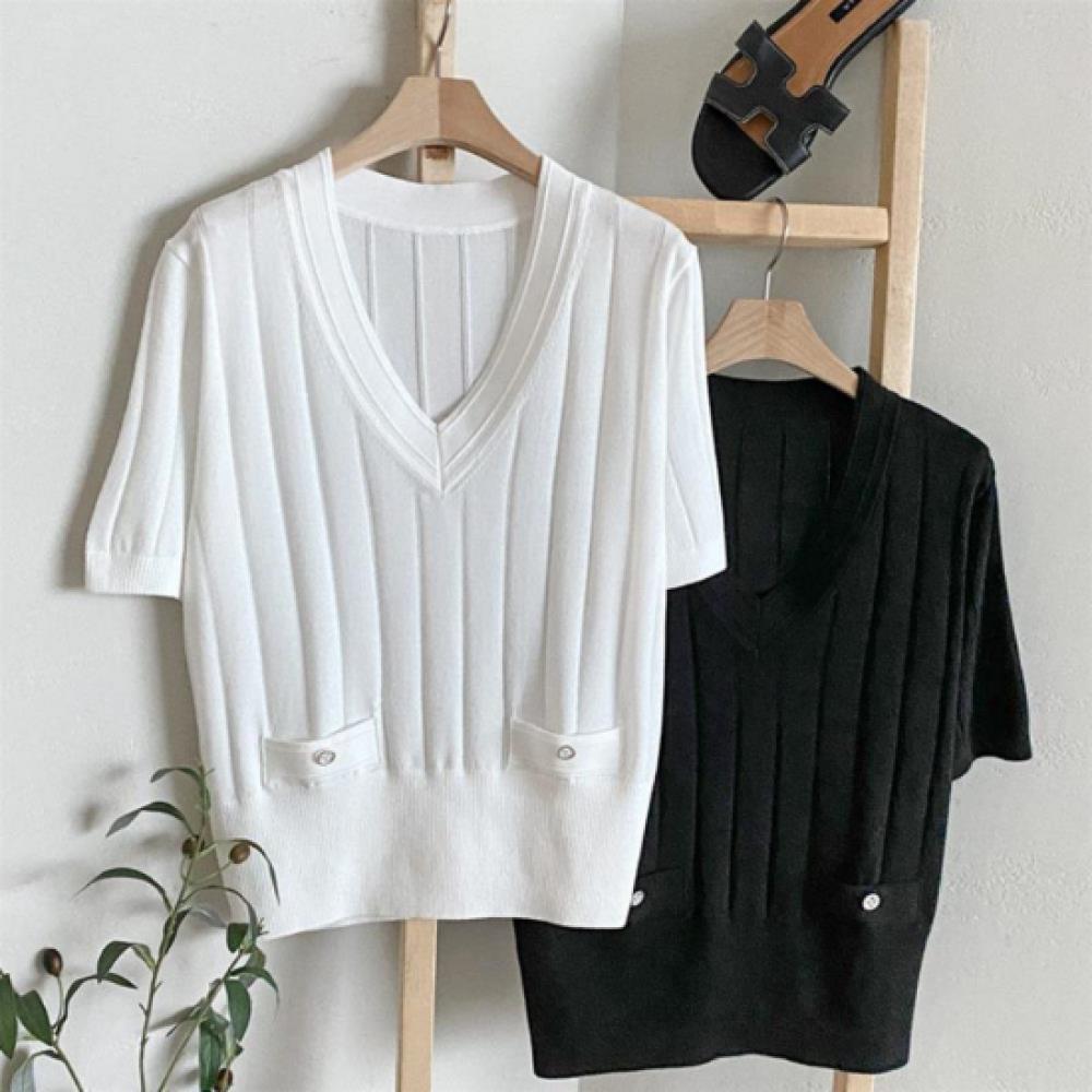New ArriVals Open Run Women Loose V Neck Smock Pocket Short sleeVe Knit